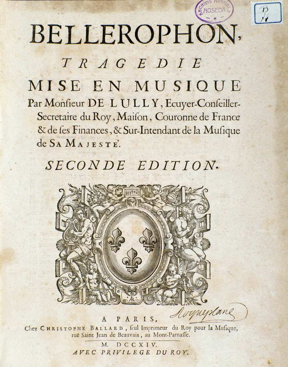 Frontispice av "" Bellerophon "" Lyrique-tragedi i fem akter med en prolog av Jean Baptiste Lully (Giovanni Battista Lulli) (Jean-Baptiste) (1632-1687). 1714. av Unknown artist