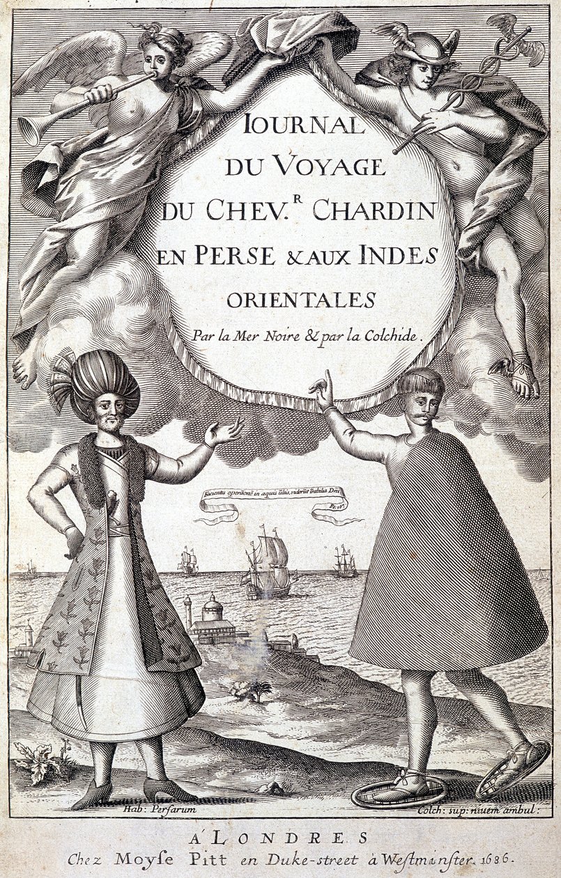 Frontispice av "" Dagbok över riddaren Chardins resa, Persien och Ostindien, vid Svarta havet och kolkiden""" av Unknown artist