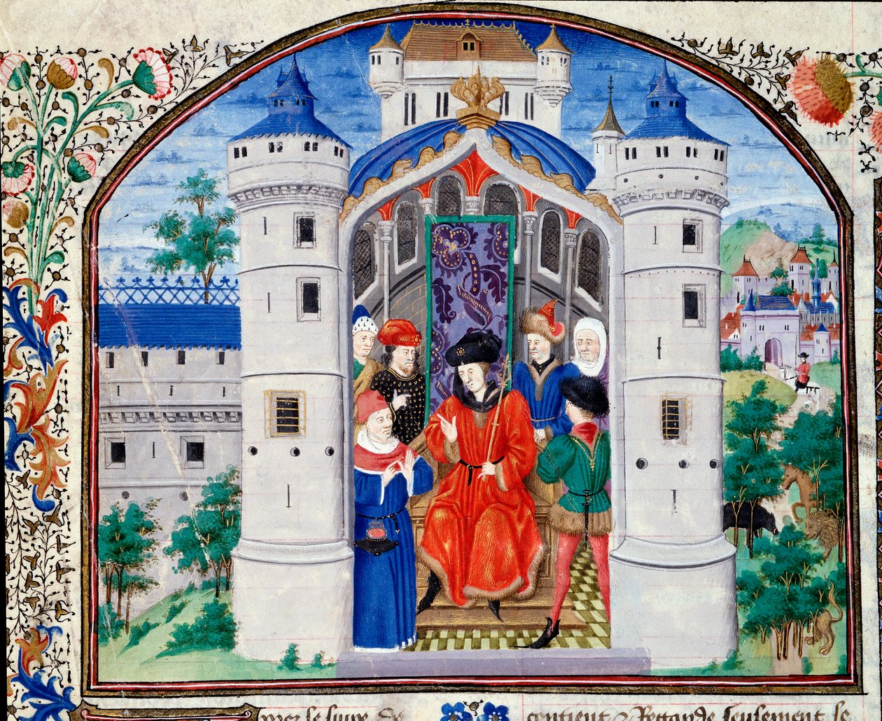 Frontispice of Economics representerar författaren som presenterar sitt arbete för kungen. Miniatyr från manuskriptet (Ms 927 Fol.426) "" Commentary on Political and Economic Ethics"" av den grekiske filosofen Aristoteles (383-322 f.Kr.) översatt av Nicola av Unknown artist