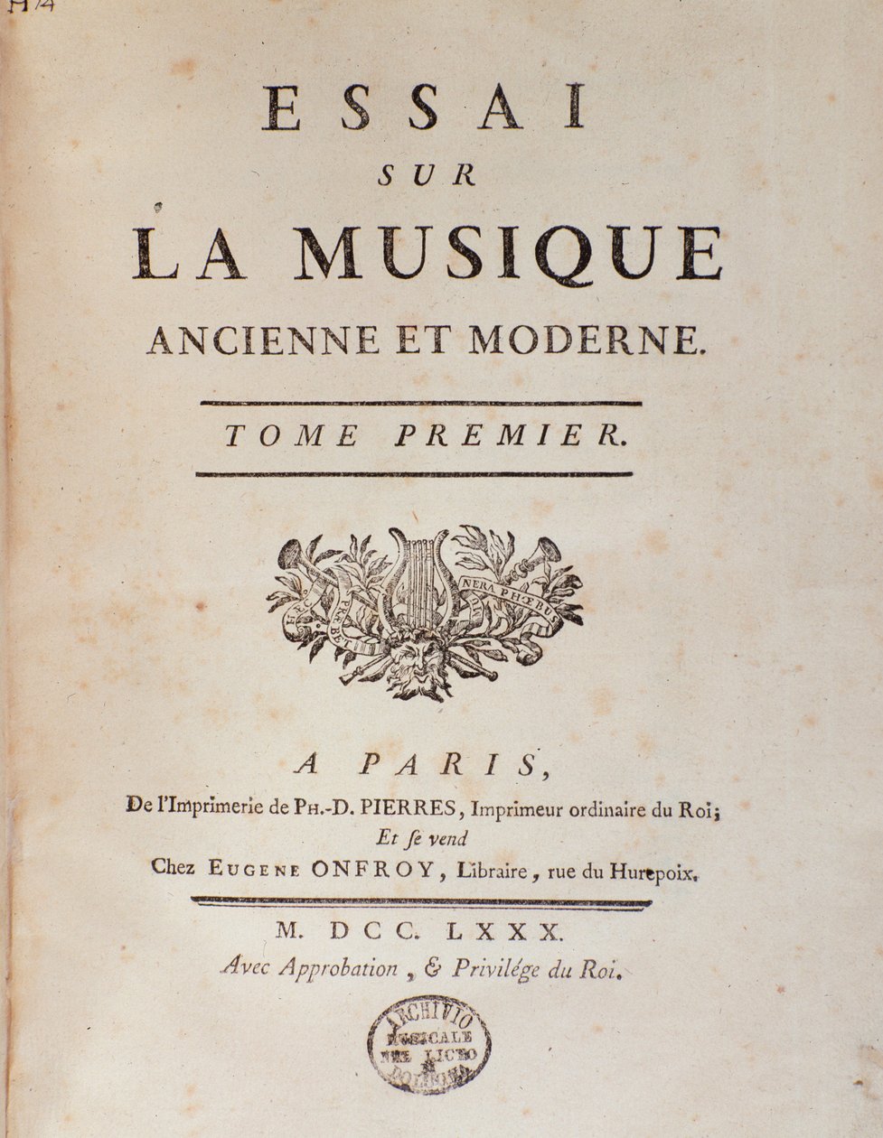 Frontispice av ""Essay on ancient and modern music"" av Jean Benjamin de Laborde (Jean-Benjamin de La Borde) (1734-1794) 1780 Bologna, civico museo musicale av Unknown artist