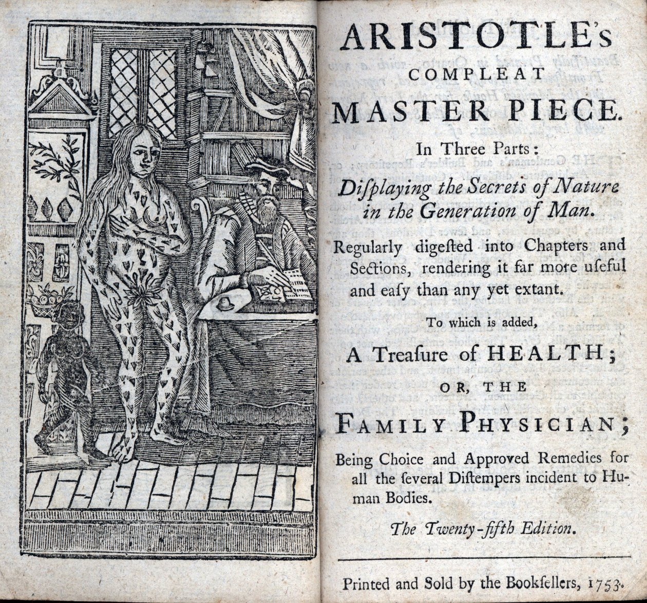 Frontispice av en medicinsk behandling av den grekiske filosofen Aristoteles (384-322 f.Kr.). (ARISTOTTELESS KOMPLETTA MÄSTERVERK I TRE DELAR. VISAR NATURENS HEMLIGHETER I MÄNNISKENS GENERATION) 1753 av Unknown artist