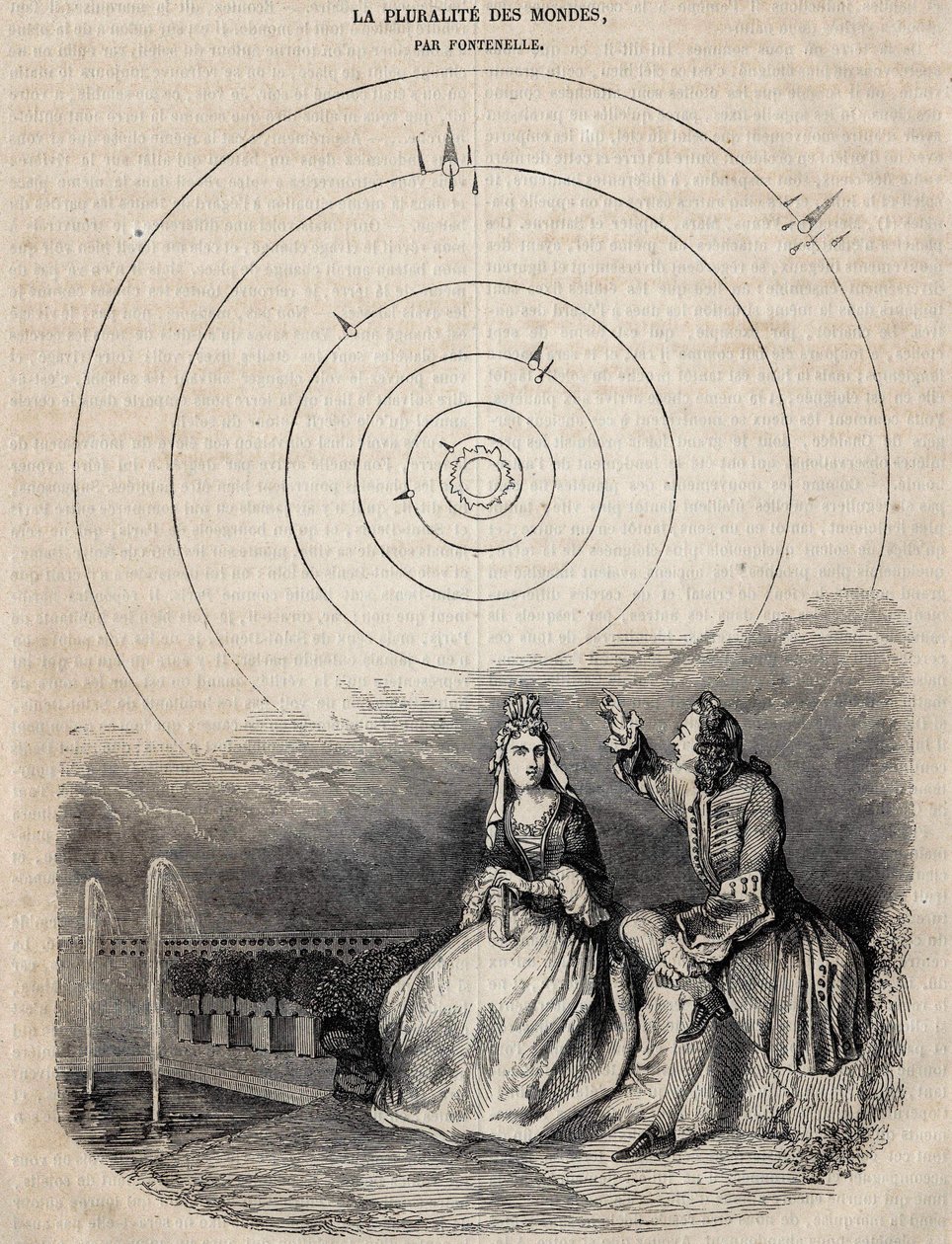 Frontispice of the "plurality of worlds" av Bernard Le Bouyer (Le Bovier) av Fontenelle (1657-1757) graverad av Bernard Picard 1756 av Unknown artist