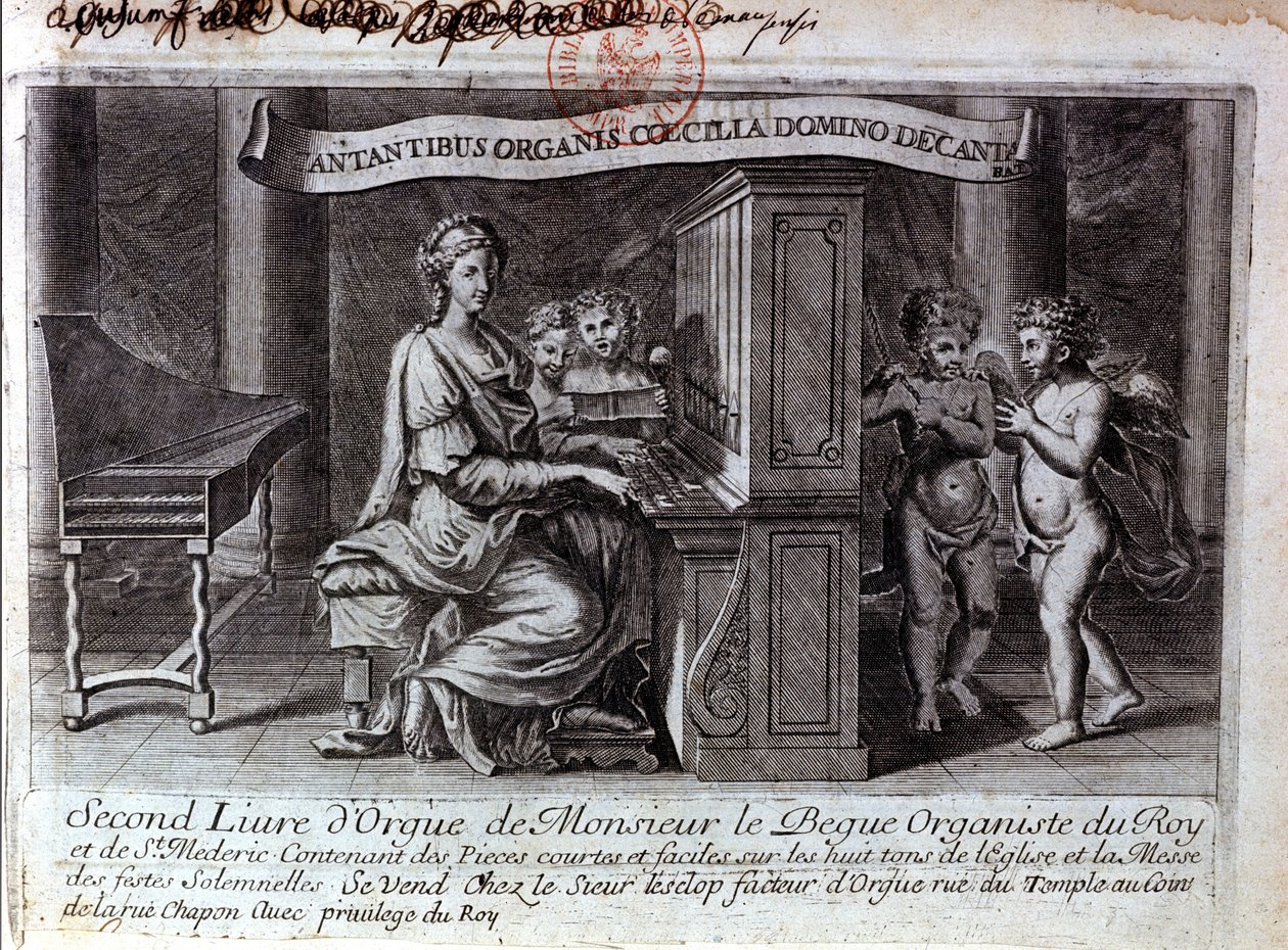 Frontispice av den andra orgelboken av herr Nicolas Lebègue. Fransk tonsättare 1631 till 1702. Organist tjänar Ludvig XIV. Paris BNF av Unknown artist