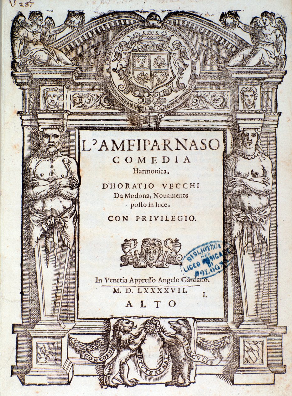 Frontispice från Amfiparnaso madrigalkomedi av Orazio Vecchi av Unknown artist