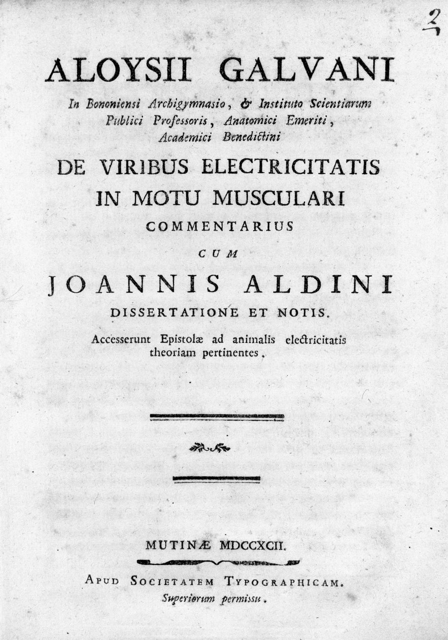 Frontispice av ""De Viribus Electricitatis in Motu Musculari Commentarius""" En avhandling om cirkulationen av elektricitet i djurens muskler, av Luigi Galvani, italiensk fysiker av Unknown artist