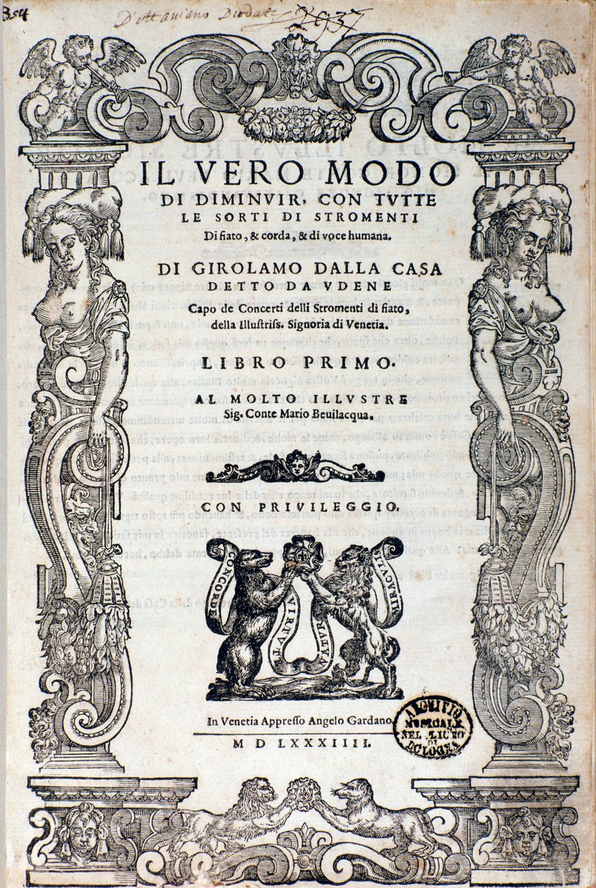 Frontispice av "" Il vero modo di diminuir "" avhandling om ornamentik av Girolamo Dalla Casa av Unknown artist