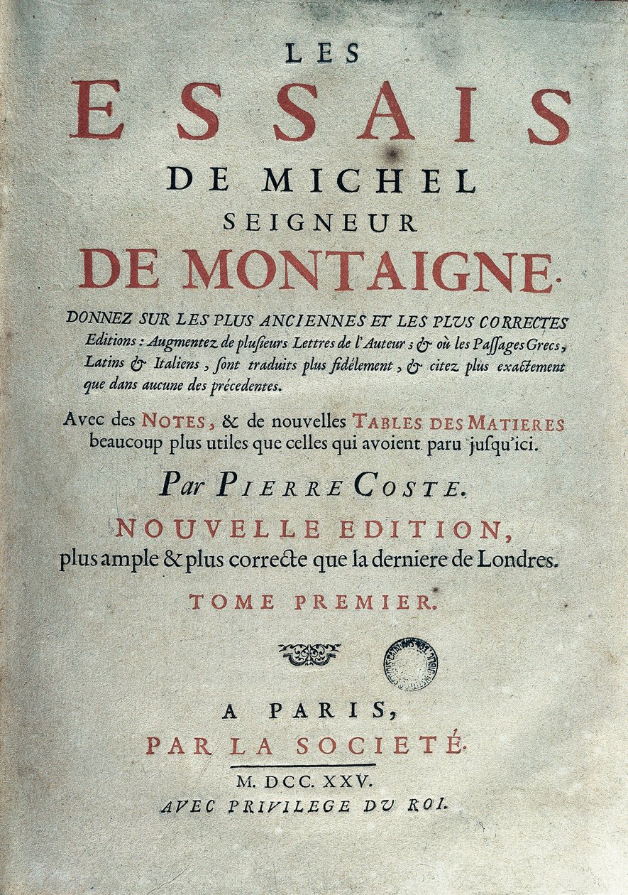 Frontispice av "" Les essäer "" av den franske författaren och humanisten Michel de Montaigne (1533-1592). 1725 Barcelona. Biblioteca de Catalunya av Unknown artist