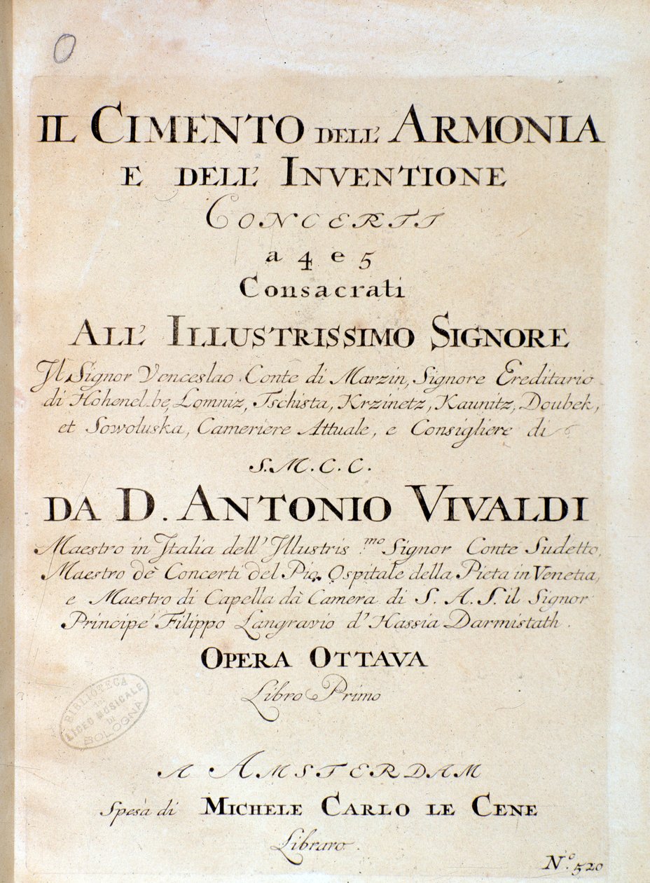 Frontispice av musikpartitur av violin i konsert V i The trial of harmony and uppfinning av den italienske kompositören Antonio Vivaldi av Unknown artist