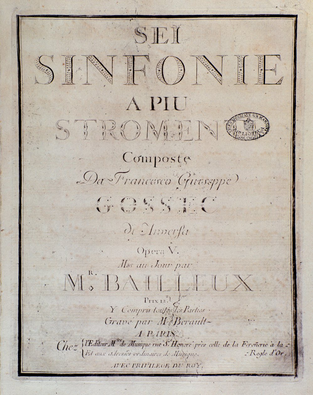 Frontispice av partituret till Sei sinfonie a piu strumenti op. 5 (första symfonin) av Francois Joseph Gossec av Unknown artist