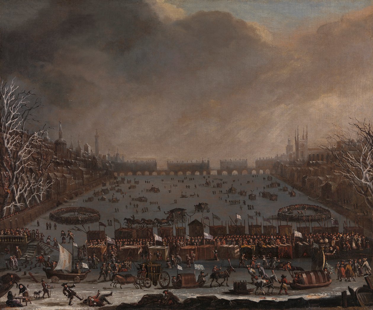 Frost Fair på Themsen, med Old London Bridge i fjärran av Unknown artist