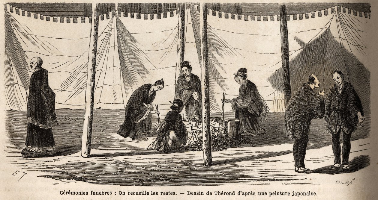Begravningsceremonier: efter förbränning, insamling av lämningar. Gravyr för att illustrera resan till Japan 1863-1864, av Aime Humbert, minister för Schweiziska edsförbundet, i "Le tour du monde, nouveau journal des voyages", publicerad under ledning av Unknown artist
