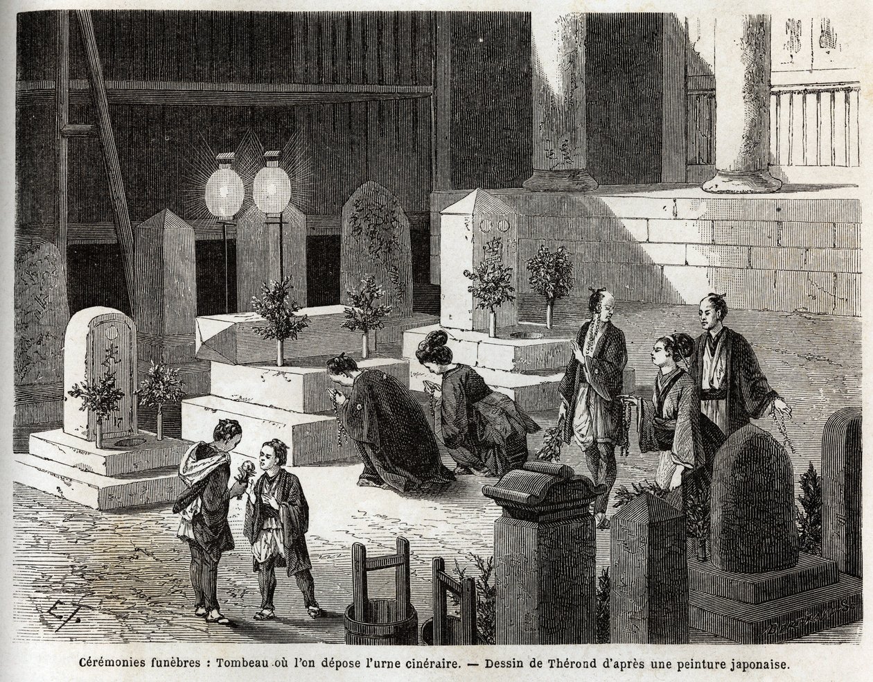 Begravningsceremonier: grav där vingårdsurnan är placerad. Gravyr för att illustrera resan till Japan 1863-1864, av Aime Humbert, minister för Schweiziska edsförbundet, i "Le tour du monde, nouveau journal des voyages", publicerad under ledning av av Unknown artist