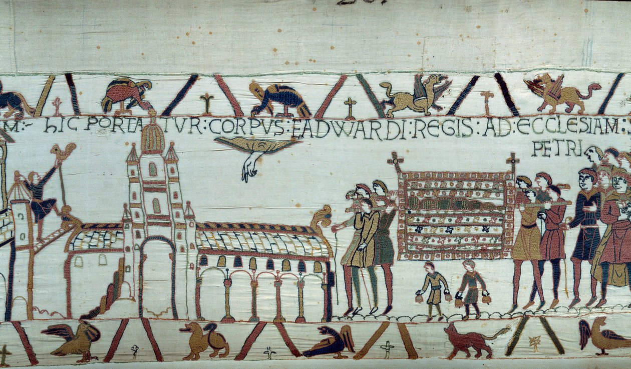 Begravning av kung Edward Bekännaren av England, hans kropp förs till St. Peter-kyrkan. Detalj av tapeten av Bayeux eller broderi av drottning Mathilde av Unknown artist