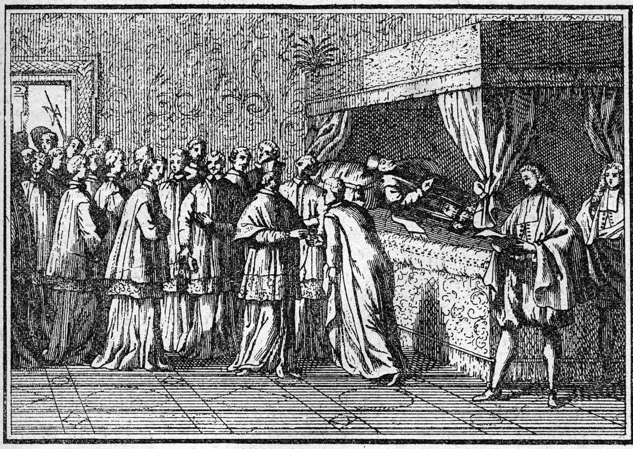 Begravning av en påve på 1700-talet: erkännande av den döde påvens kropp. Gravyr i "Histoire des religions"". av Unknown artist