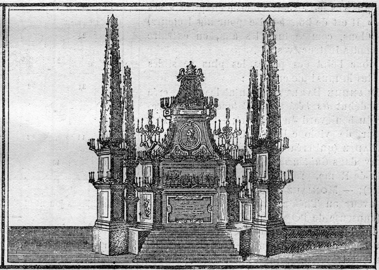 Begravning av en påve på 1700-talet: den sene påvens katafalk. Gravyr i "Histoire des religions"". av Unknown artist