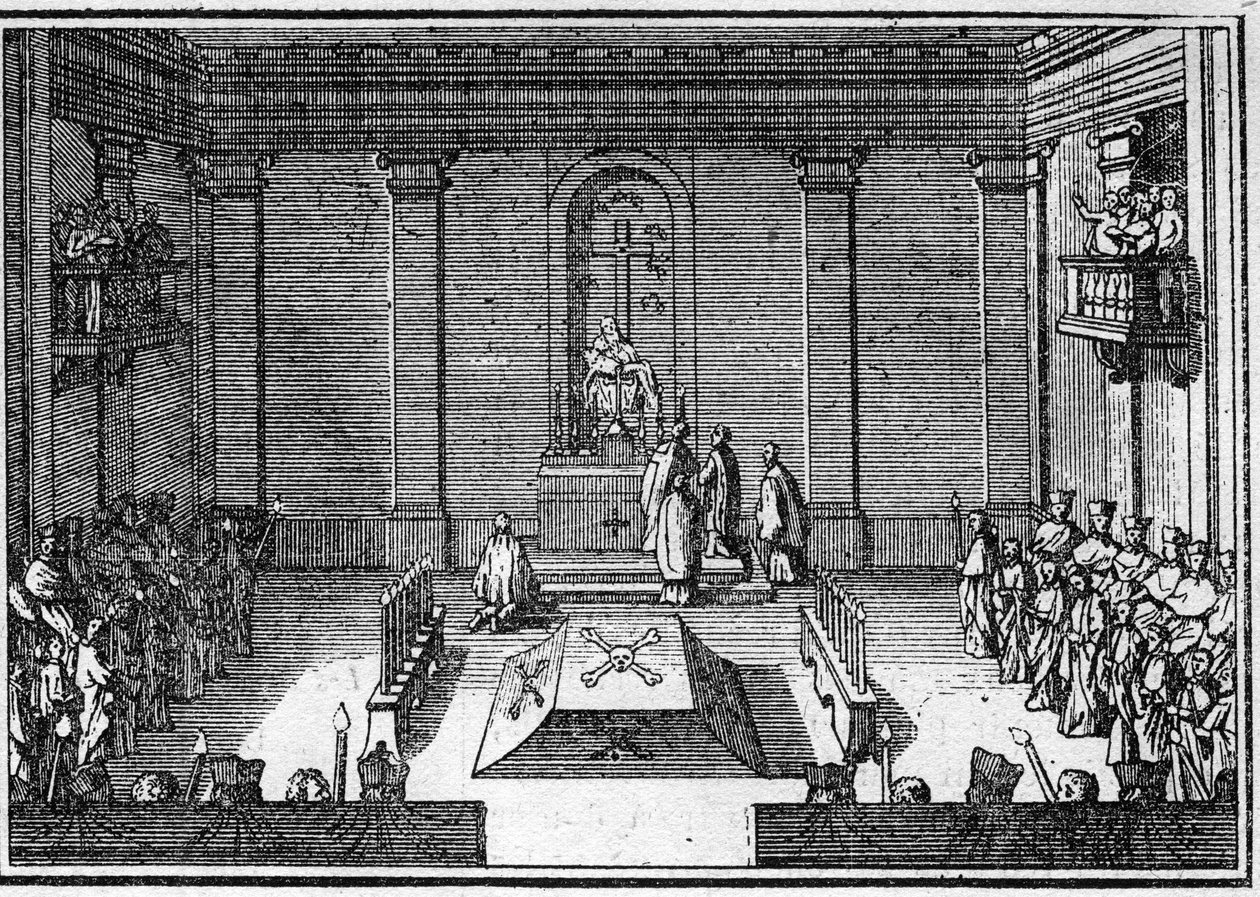 Begravning av en påve på 1700-talet: ceremonin för obseques. Gravyr i "Histoire des religions"". av Unknown artist