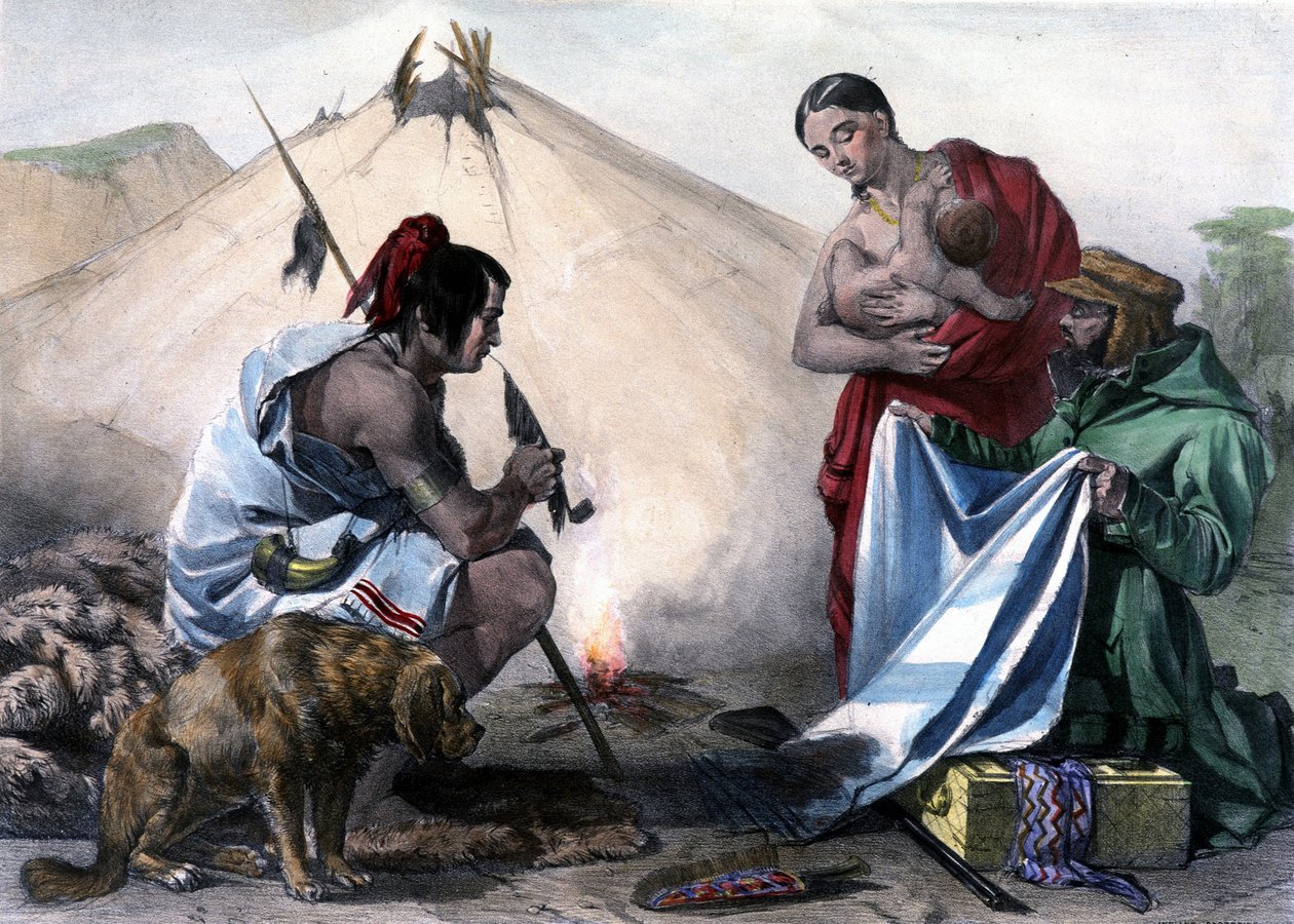 Pälsbyteshandel för tyg mellan kanadensiska Huron-indianer och den vita mannen - i "" Shyths sketcher in the Canadas"" av Coke Smyth, London av Unknown artist