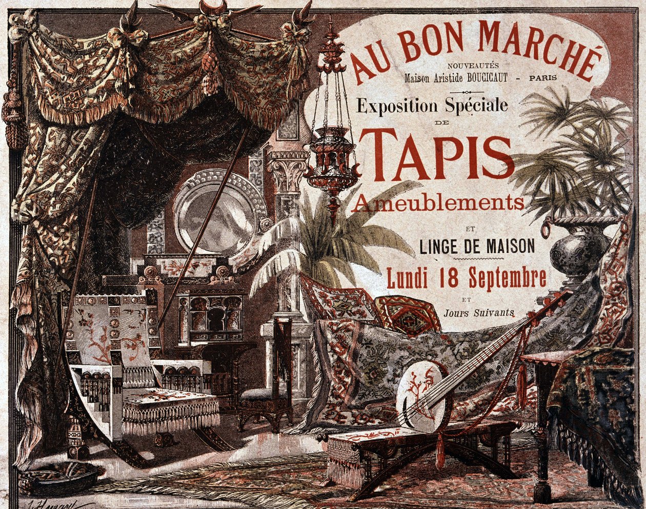 Möbler och möbelmattor - reklam för butiken "" Le bon marche", sent 1800-tal. av Unknown artist