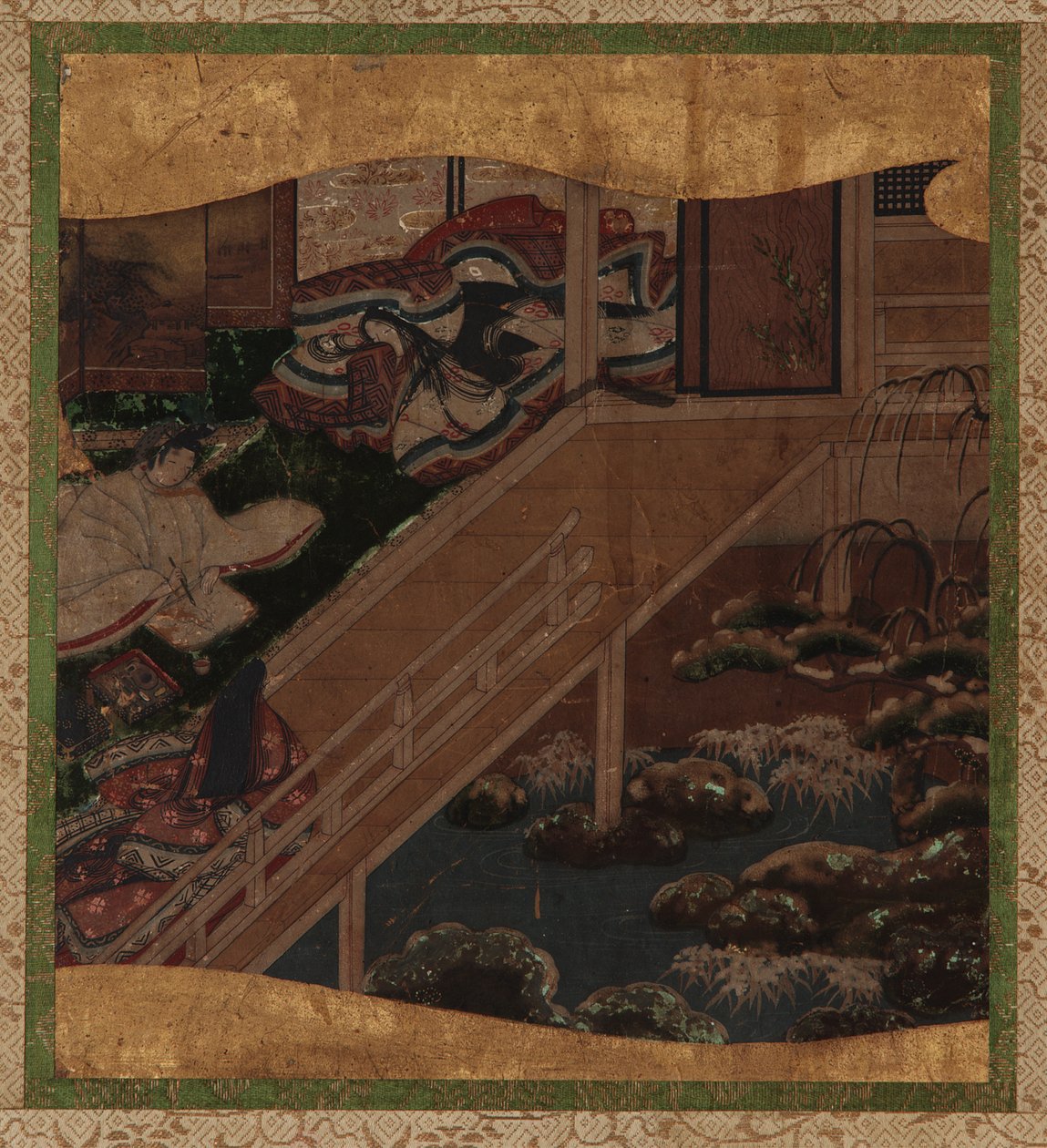 Trädgård och interiör: en konstnär som målar en dams porträtt av Unknown artist