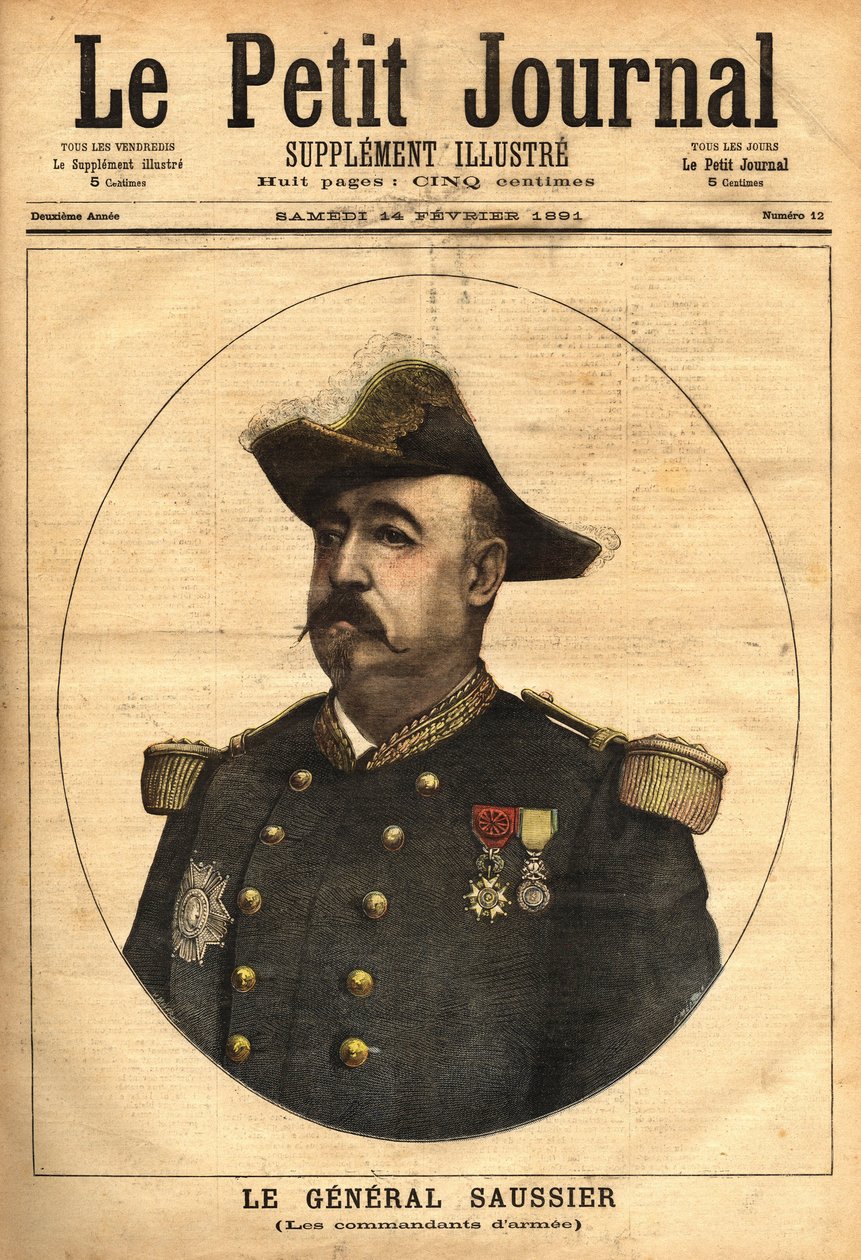 General Felix Gustave (Felix-Gustave) Saussier (1828-1905), blev arméchef och medlem av krigets överordnade råd från 1882 till 1902. Gravyr i "" Le petit journal illustrious"" 14/02/1891. Selvas samling. av Unknown artist