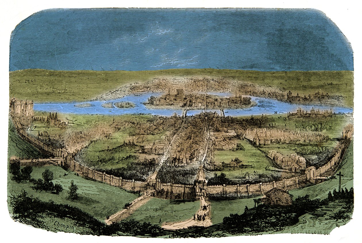 Översikt över Paris med inhägnad under Philippe Auguste, gravyr 1800-talet av Unknown artist