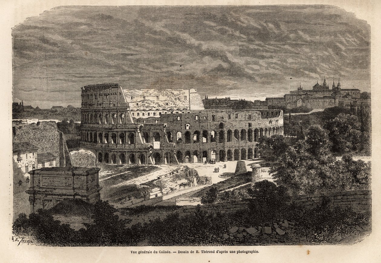 Allmän bild av Colisee, i Rom, Flavian amfiteater färdigställd år 80, under kejsar Titus regeringstid, med plats för upp till 75 000 människor, den förblev i tjänst fram till 600-talet, symbol för imperial Rom, belägen öster om Forum Romanum, den är av Unknown artist