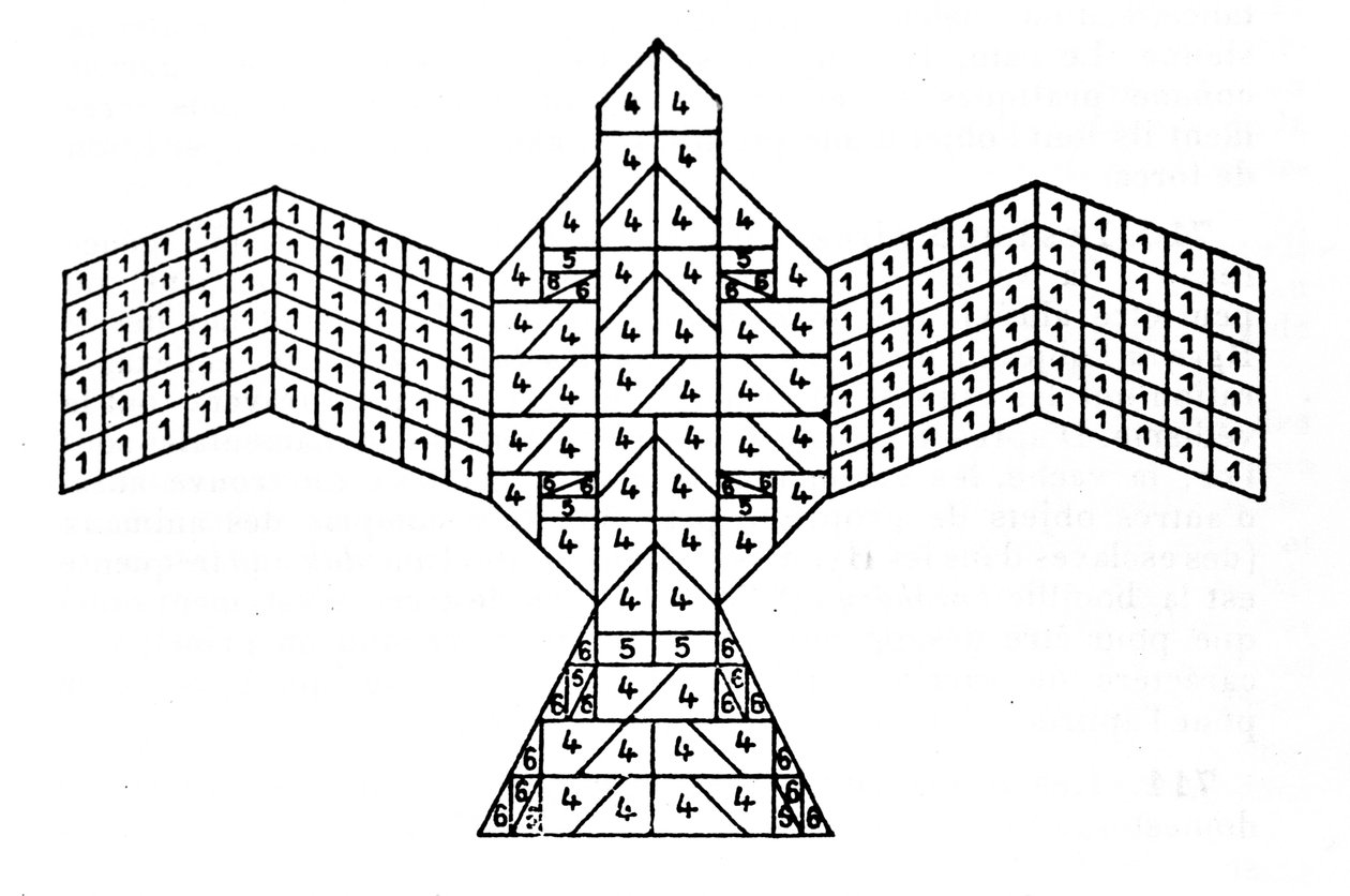 Sulbasutras geometri: plan över eldaltaret i form av en falk. Matematiskt schema som hänvisar till reglerna för konstruktion av offeraltare från den vediska perioden i Indien (1500-500 f.Kr.). Journal of the Asiatic Society of Bengal av av Unknown artist