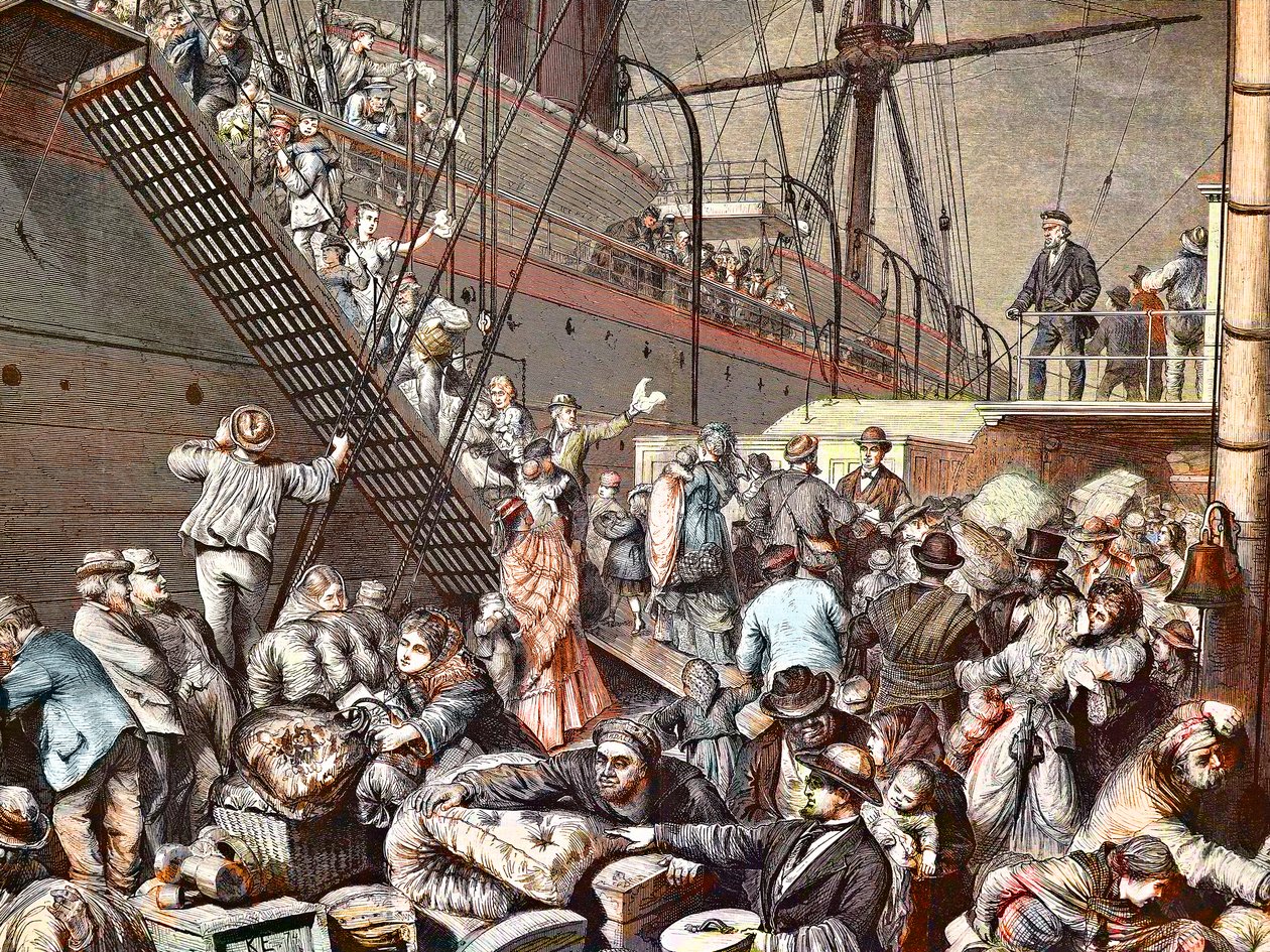 Tyska emigranter för New York som går ombord på Hamburgs ångbåt 1874, gravyr - (Deutsche Emigranten) av Unknown artist