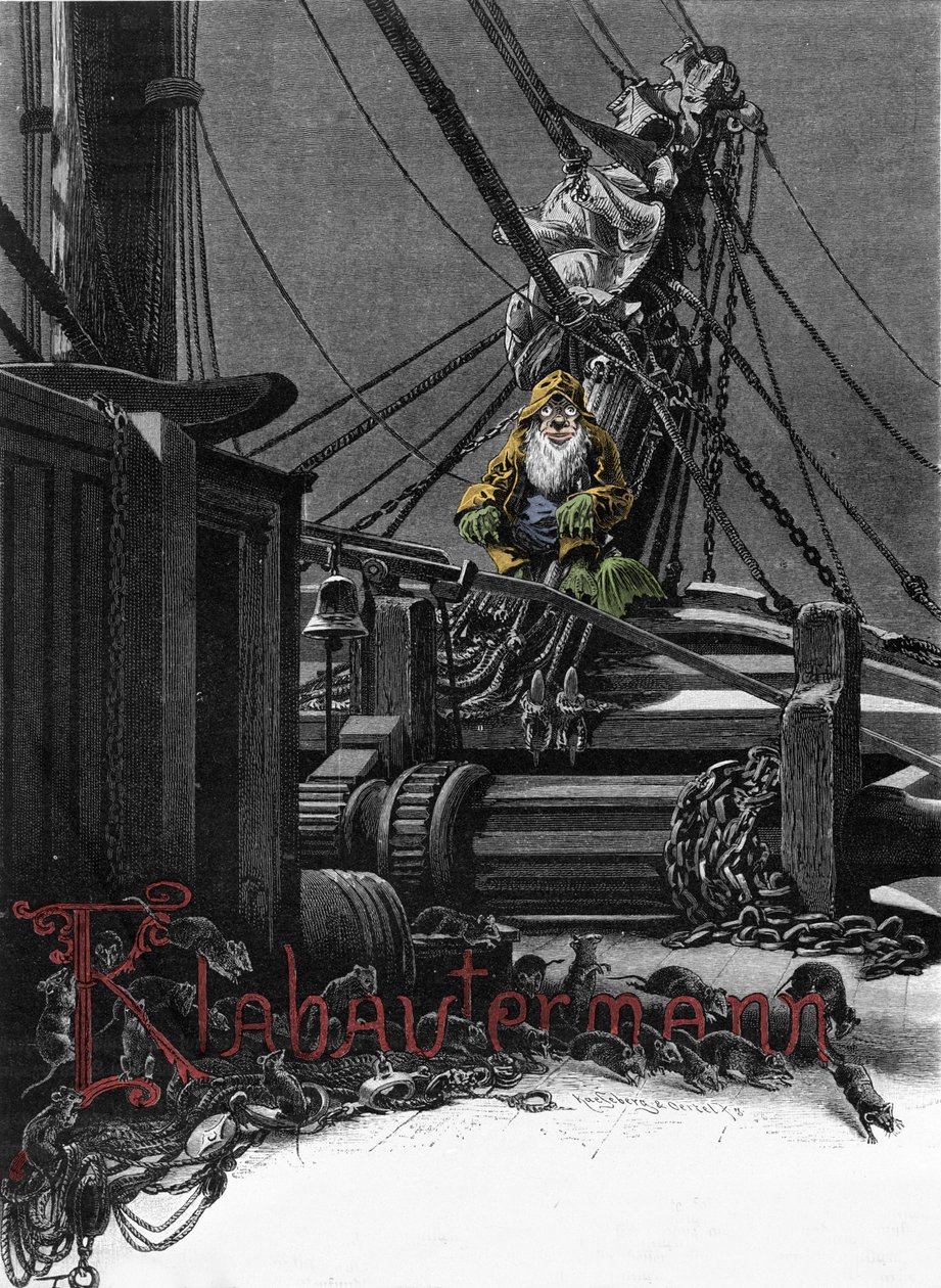 Germansk mytologi: representation av en Klabautermann på däcket av en båt, en älvbeskyddare av fartyg till havs. Gravyr av 1800-talet av Unknown artist