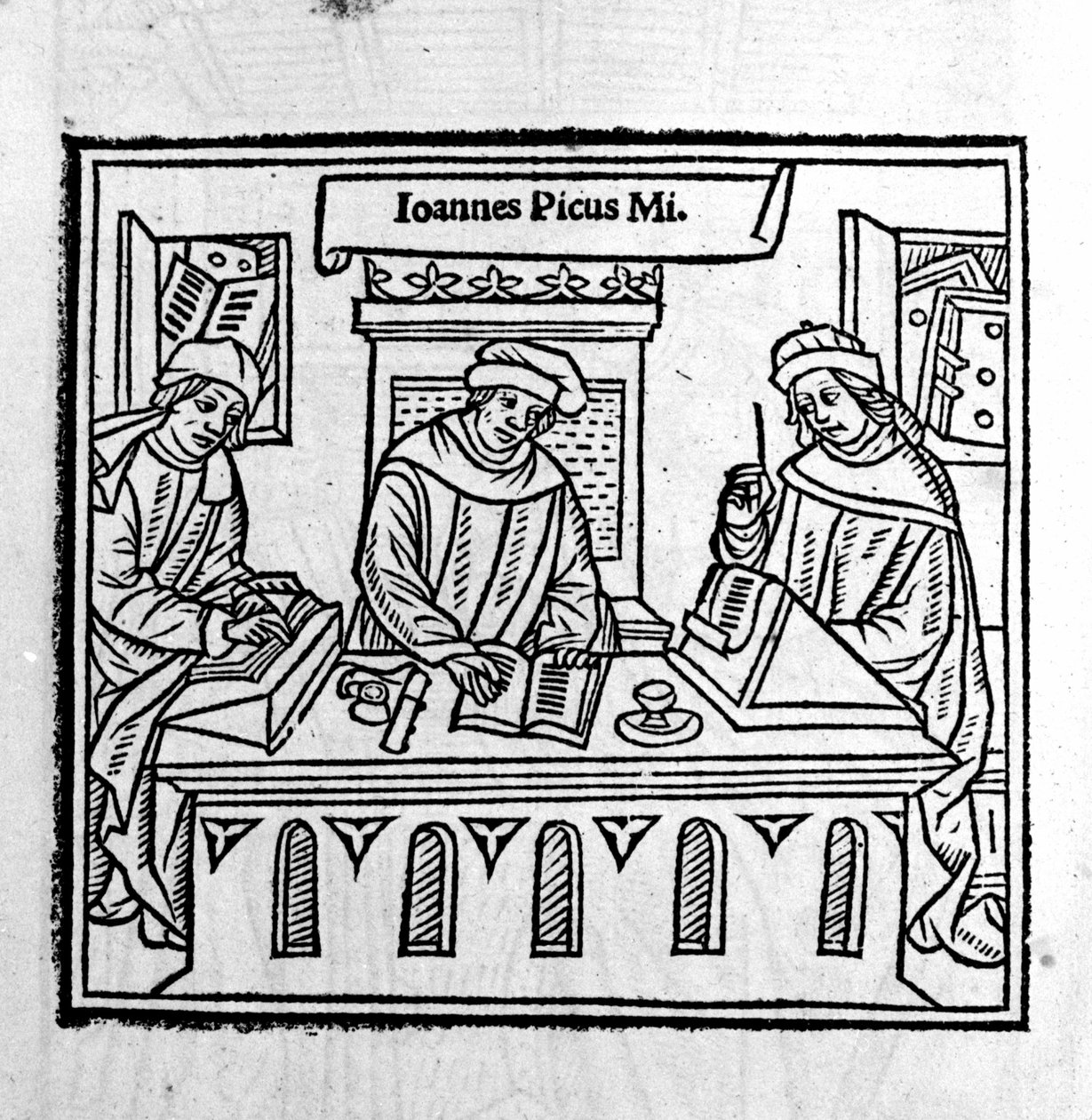 Giovanni Pico della Mirandola (Jean Pic de la Mirandole) med sina två lärjungar - i "Epistole auree" "" från 1555 av Unknown artist