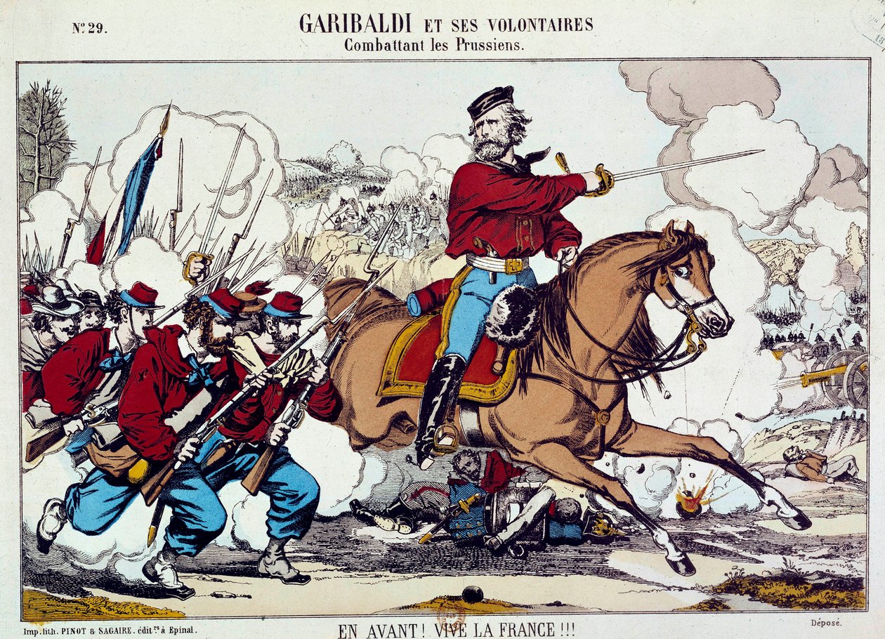 Giuseppe Garibaldi (1807-1882) kämpar med sina frivilliga mot preussarna. ”Fram, leve Frankrike” Omkring 1871. Gravyr B.N. Paris av Unknown artist