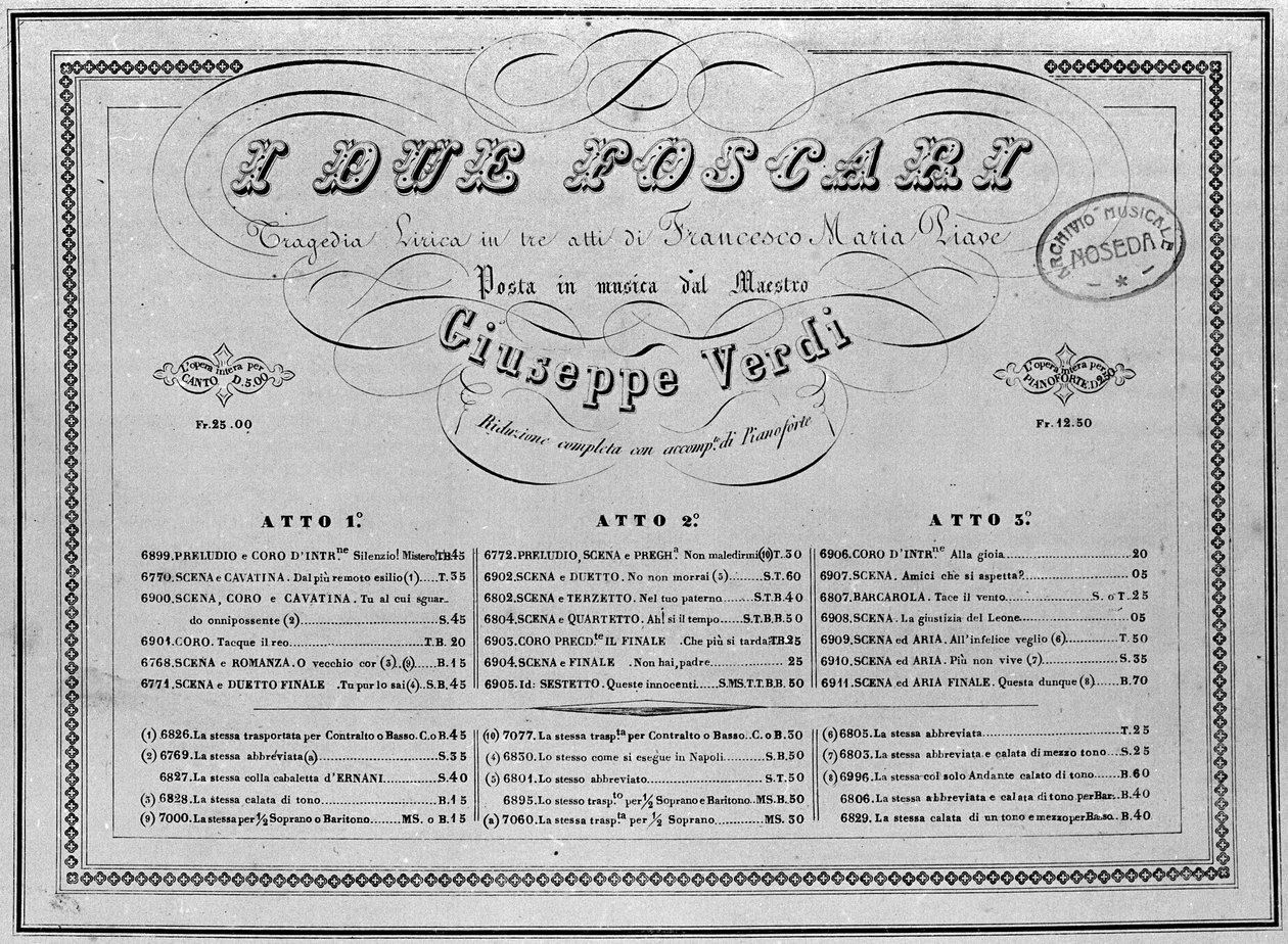 Giuseppe Verdi: noter för piano till operan "I Due Foscari". av Unknown artist
