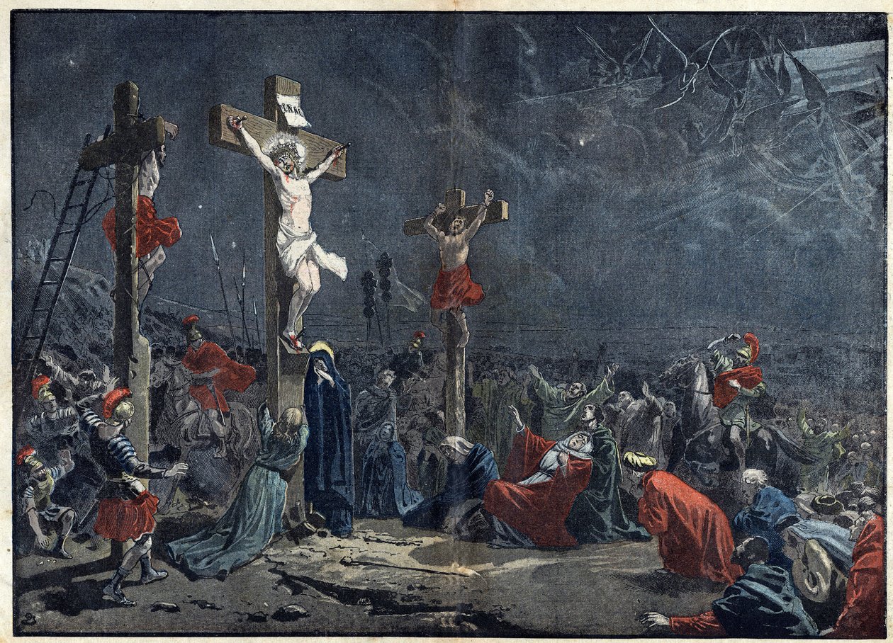 Långfredag: Jesu Kristi korsfästelse (Jesus Kristus). Illustration i "" le Pelerin"" den 3 april av Unknown artist