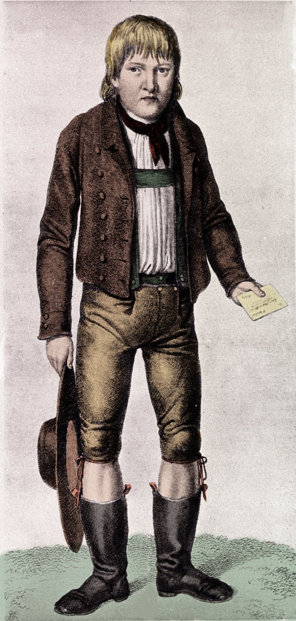 Stora gåtor: porträtt av Gaspard (Kaspar) Hauser med smeknamnet Europas föräldralösa barn vid tiden för hans framträdande i Nürnberg runt 16 års ålder, den 26/05/1828. Det antogs från en berömd familj, men dess ursprung är fortfarande mystiskt. Gravering a av Unknown artist
