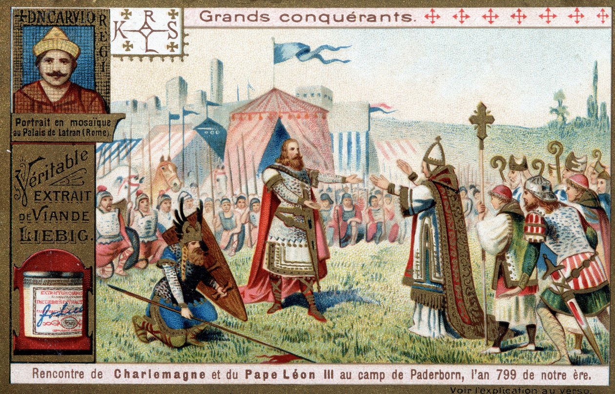 Stora erövrare: porträtt av Karl den Store (742 eller 747-814) och hans möte med påven Leon III (750-816) i Paderborn-lägret (Tyskland), 799 - Liebig-kromolitografi av Unknown artist