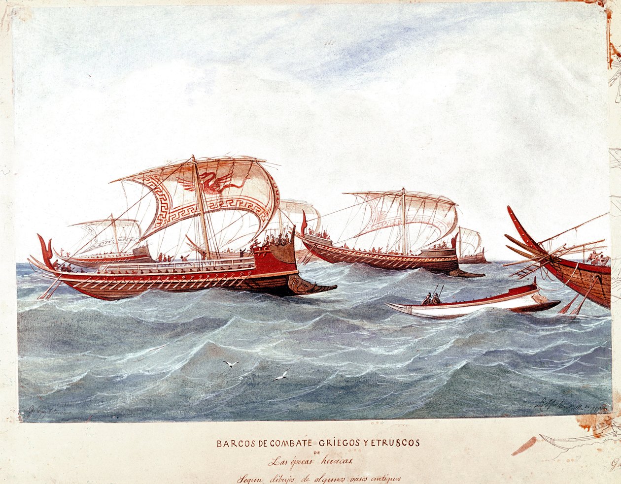 Grekiska och etruskiska krigsskepp (akvarell av Unknown artist