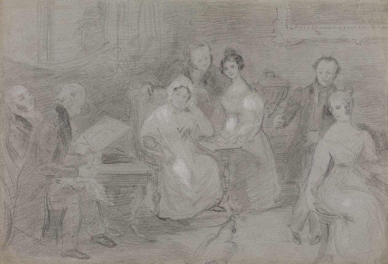 Grupp av figurer, med en man som målar i akvareller och en flicka som räcker koppar te av Unknown artist