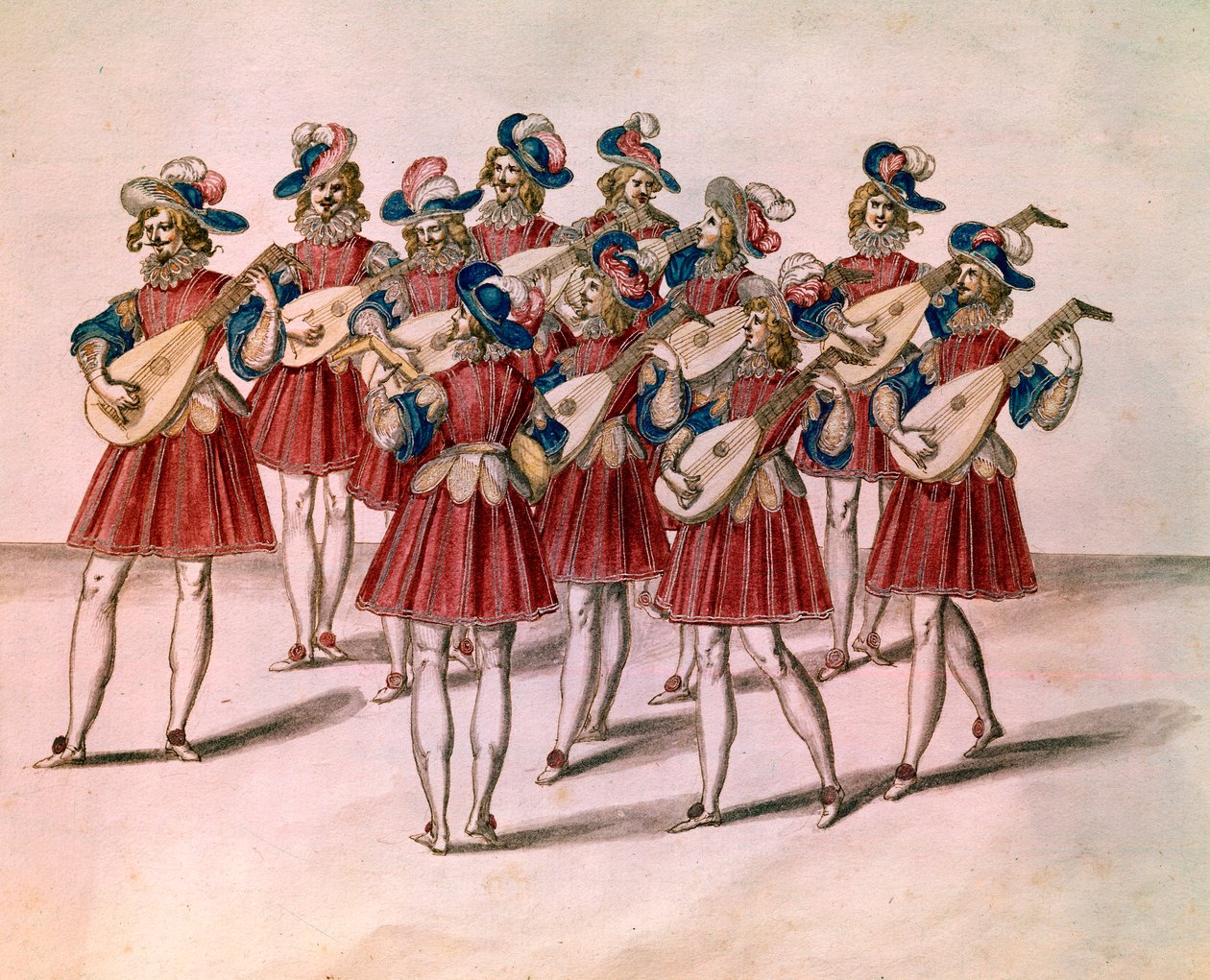 Grupp musiker som spelar lut. Akvarell och penna av Daniel Rabel (1578-1637) från albumet "Chateau de Bicetre" 1600-talets Paris, Louvren av Unknown artist