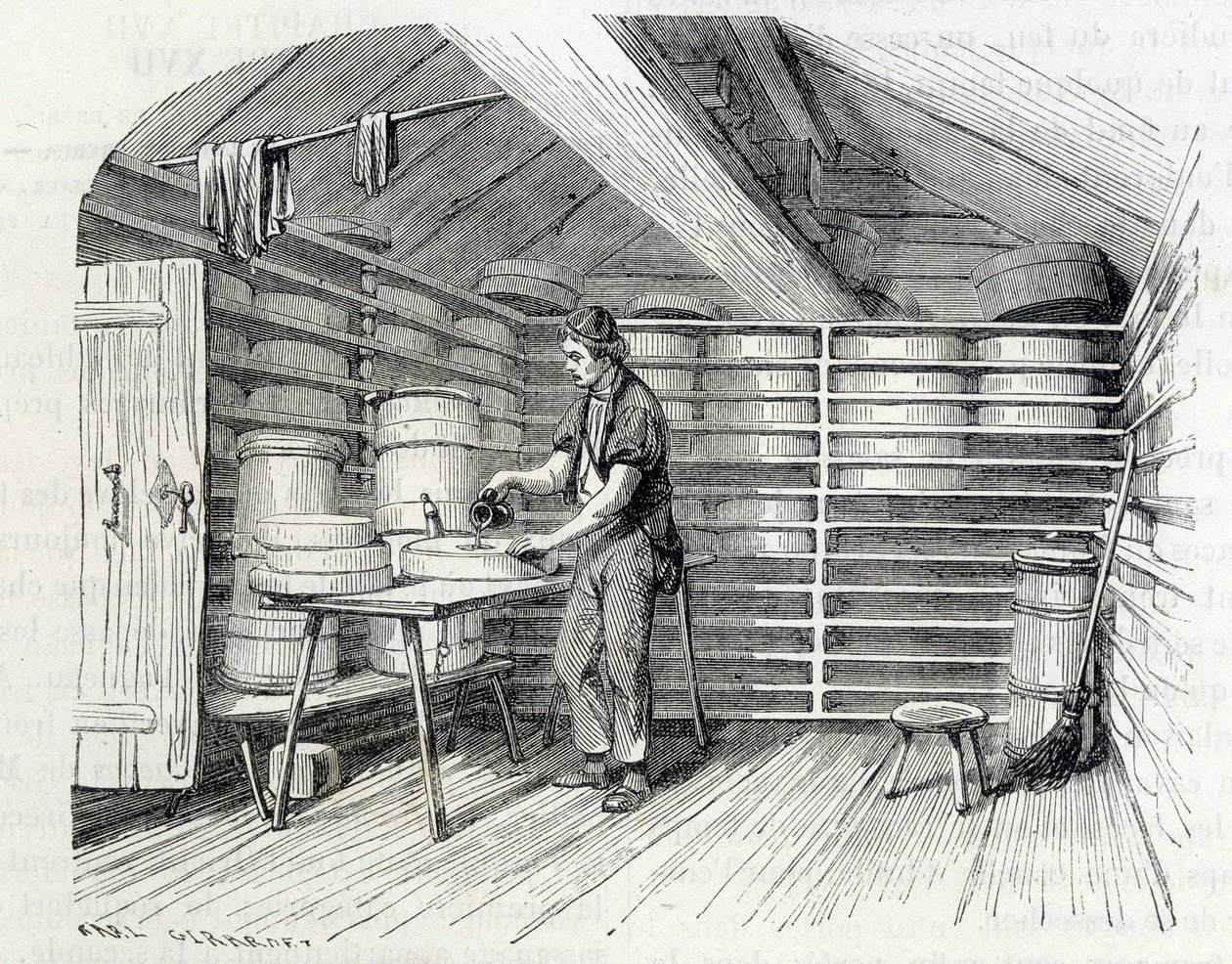 Gruyère ostbutik i en schweizisk chalet (tvättar skorpen) - i "" Industrins underverk"" av Louis Figuier av Unknown artist