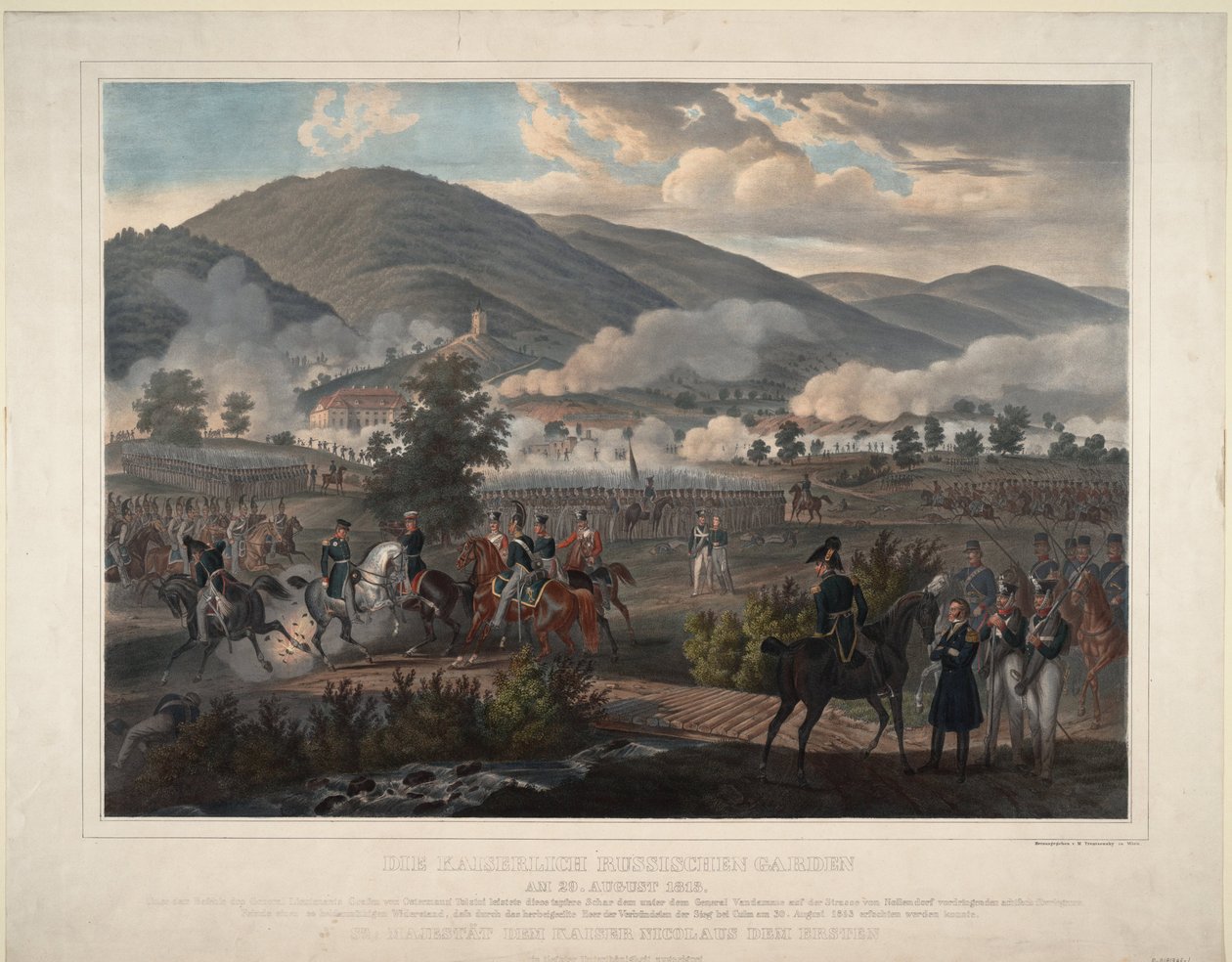 Napoleonkrigen: slaget vid Kulm (nu Chlumec) i Böhmen (Tjeckien) den 30/08/1813 - Ryska livgardets regemente i slaget vid Kulm den 29 augusti 1813 - Anonym - ca 1813 - Färglitografi - 59x75,6 -Privat samling av Unknown artist