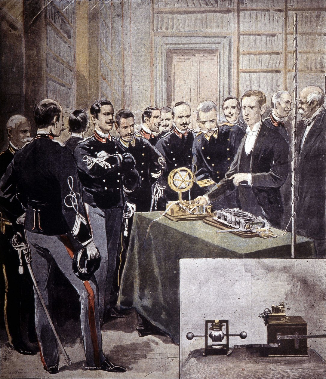 Guglielmo Marconi presenterade den trådlösa telegrafen (TSF) vid en konferens på ministeriet för marinen 1897. av Unknown artist