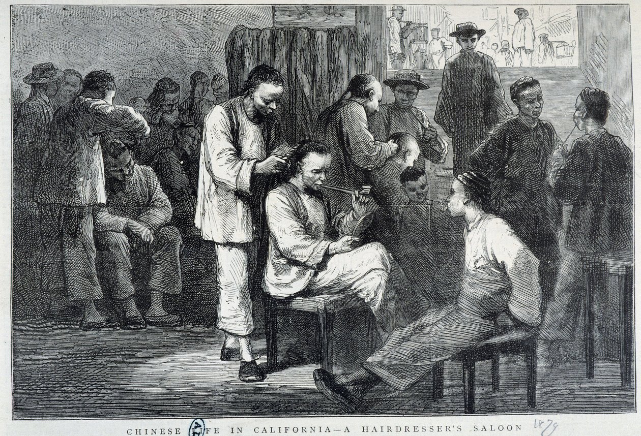 Frisörsalong i det kinesiska samhället Kalifornien - gravyr av Unknown artist