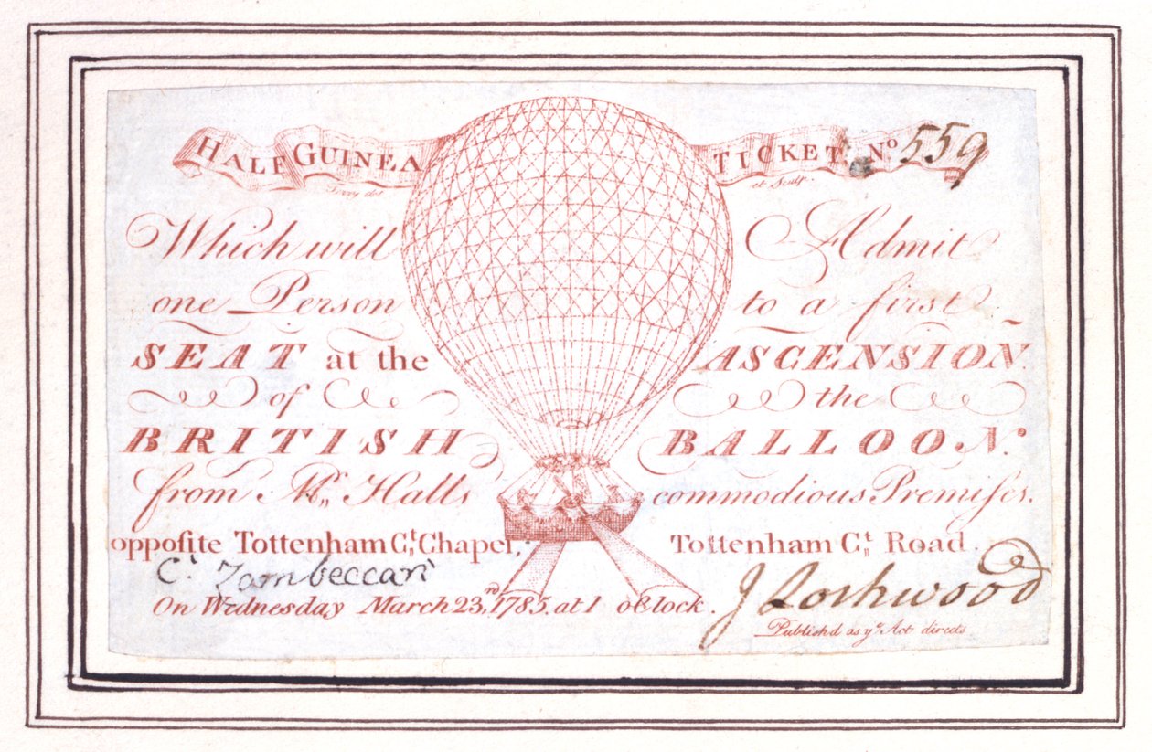 Halvguineabiljett för ballonguppstigning på Tottenham Court Road, London, 23 mars 1785 av Unknown artist