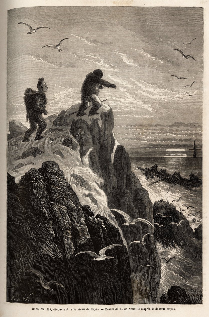 Hans, en jägare som hade följt med doktorerna Hayes och Kane på en tidigare arktisk expedition, innan han övergav dem för att bosätta sig i en by i Eskimau, signalerar Hayes skepp i hopp om att bli repatrierad 1860. Gravyr för att illustrera resan till det av Unknown artist