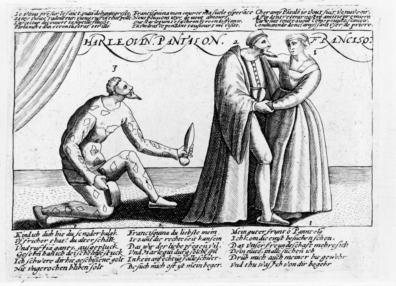 Harlequin cuckold. Serier av gravyrer av ett stycke som spelades i Frankrike mot slutet av 1500-talet på temat Harlequins och Franceschinas kärleksskämningar. av Unknown artist