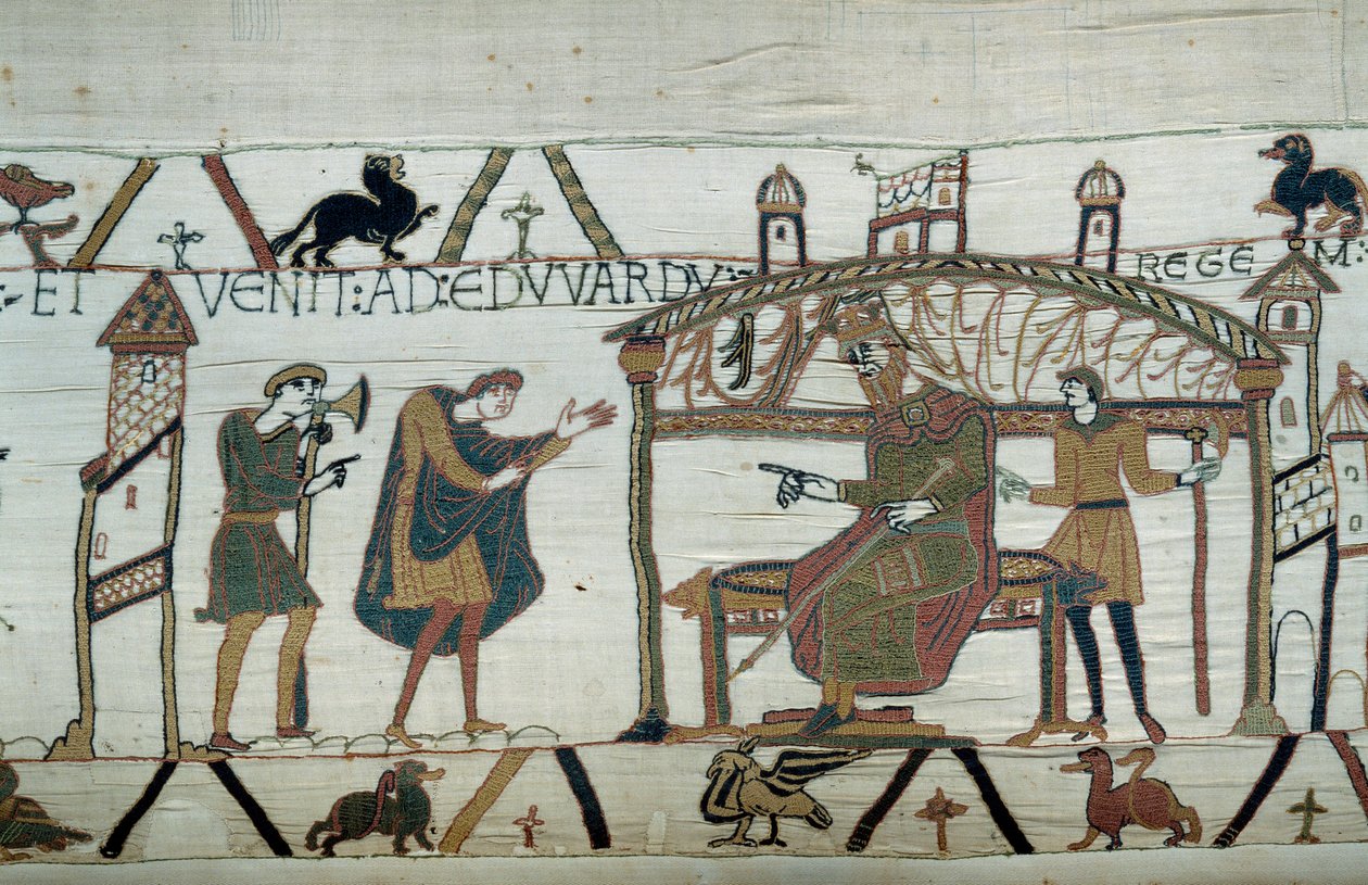 Harold, som återvände till England, efter sin ambassad hos hertigen Vilhelm Erövraren (1027-1087), reciterade sin resa till kung Edward Bekännaren. Detalj av Bayeux-tapet eller broderi av drottning Mathilde av Unknown artist