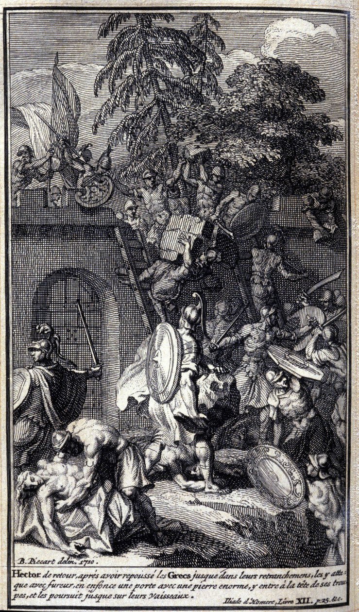 Hector, tillbaka efter att ha knuffat grekerna tillbaka till sina skansar, attackerar dem med raseri, sänker en dörr med en enorm sten, går in i den i spetsen för sina trupper och förföljer dem till deras skepp. Illustration av bok XII av Iliaden av Homere av Unknown artist