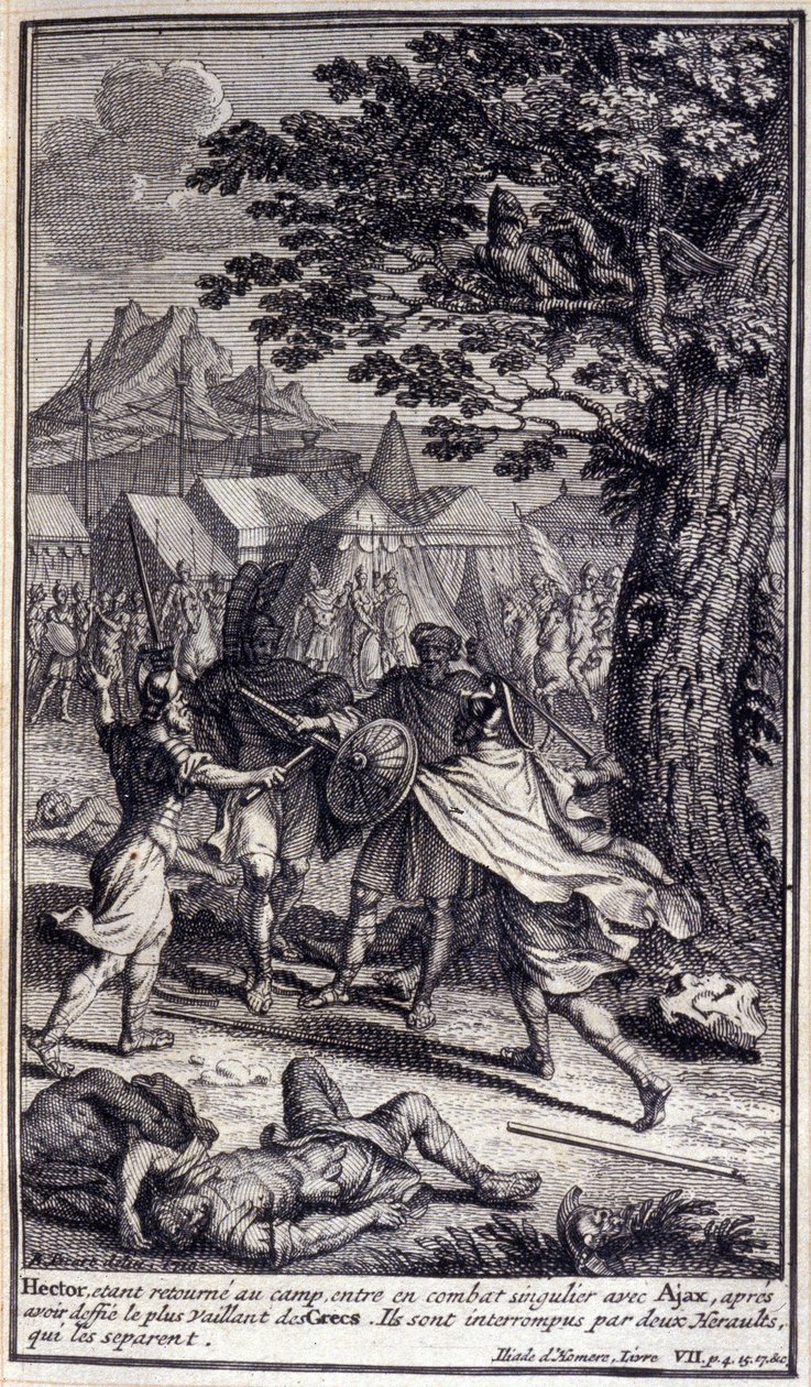 Hector, som återvänder till lägret, går in i en unik strid med Ajax, efter att ha utmanat den modigaste av grekerna. De avbryts av två herauter som skiljer dem åt. Illustration av bok VII av Iliaden av Homere, fransk upplaga av Unknown artist