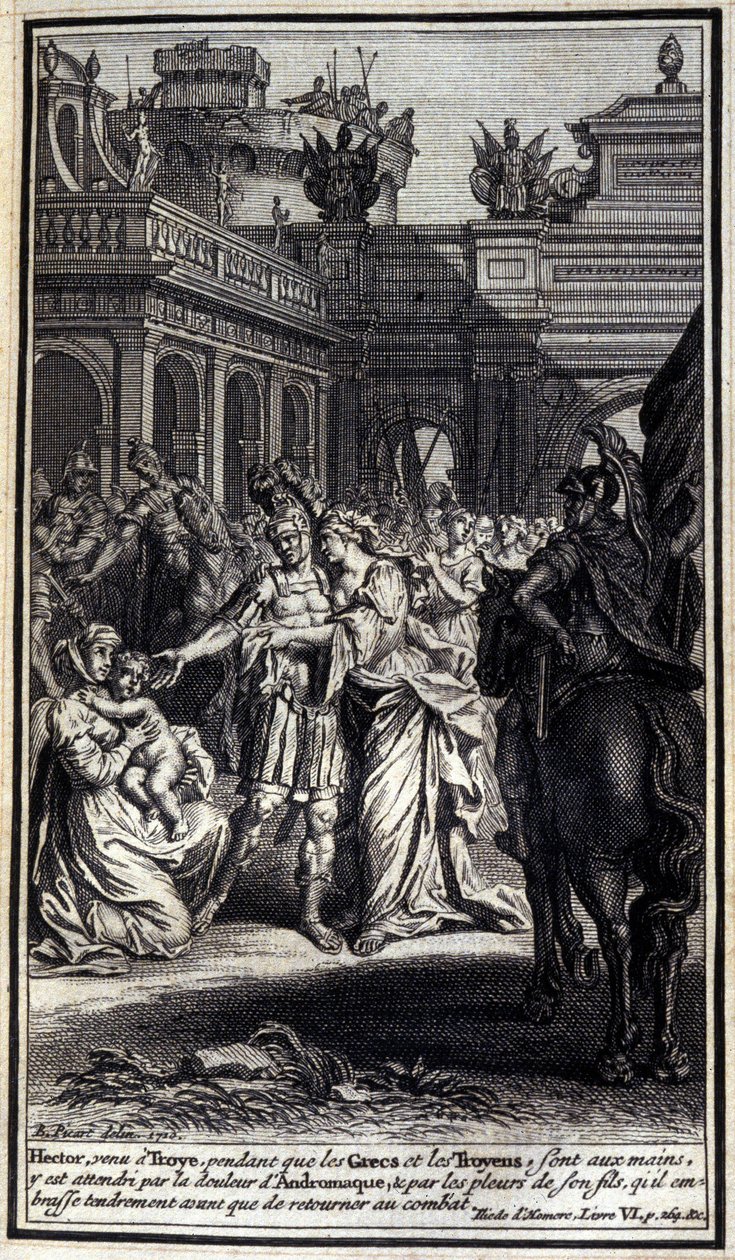 Hector, som kom till Troyes medan grekerna och trojanerna var i deras händer, drabbades av Andromaques smärta och av gråten från sin son, som han kysste ömt innan han återvände till striden. Illustration av bok VI av Iliaden av Homere, Fren av Unknown artist