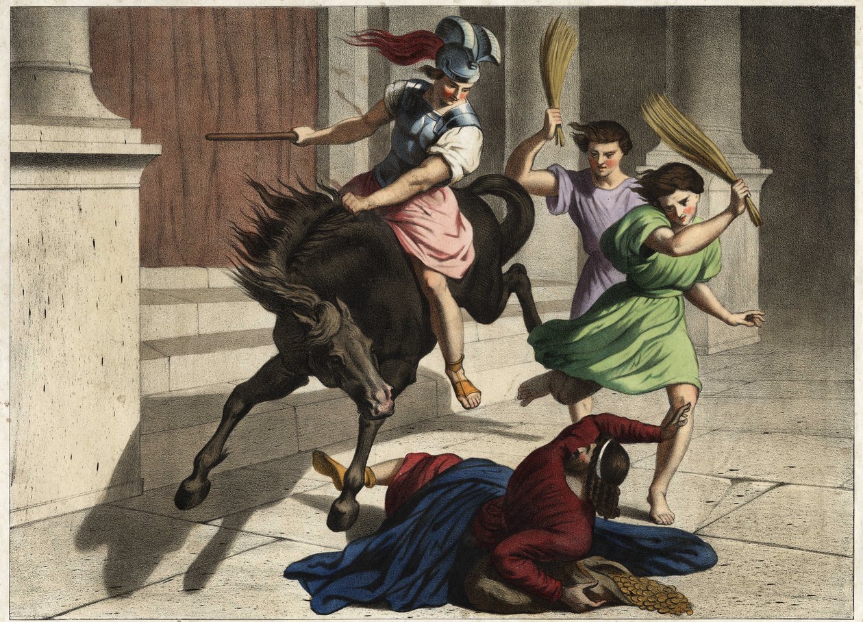 Heliodore (Heliodoros) drevs ut ur templet: på order av sin härskare försökte han utan framgång gripa tresorerna i Jerusalems tempel. Anonym gravyr från mitten av 1800-talet. av Unknown artist